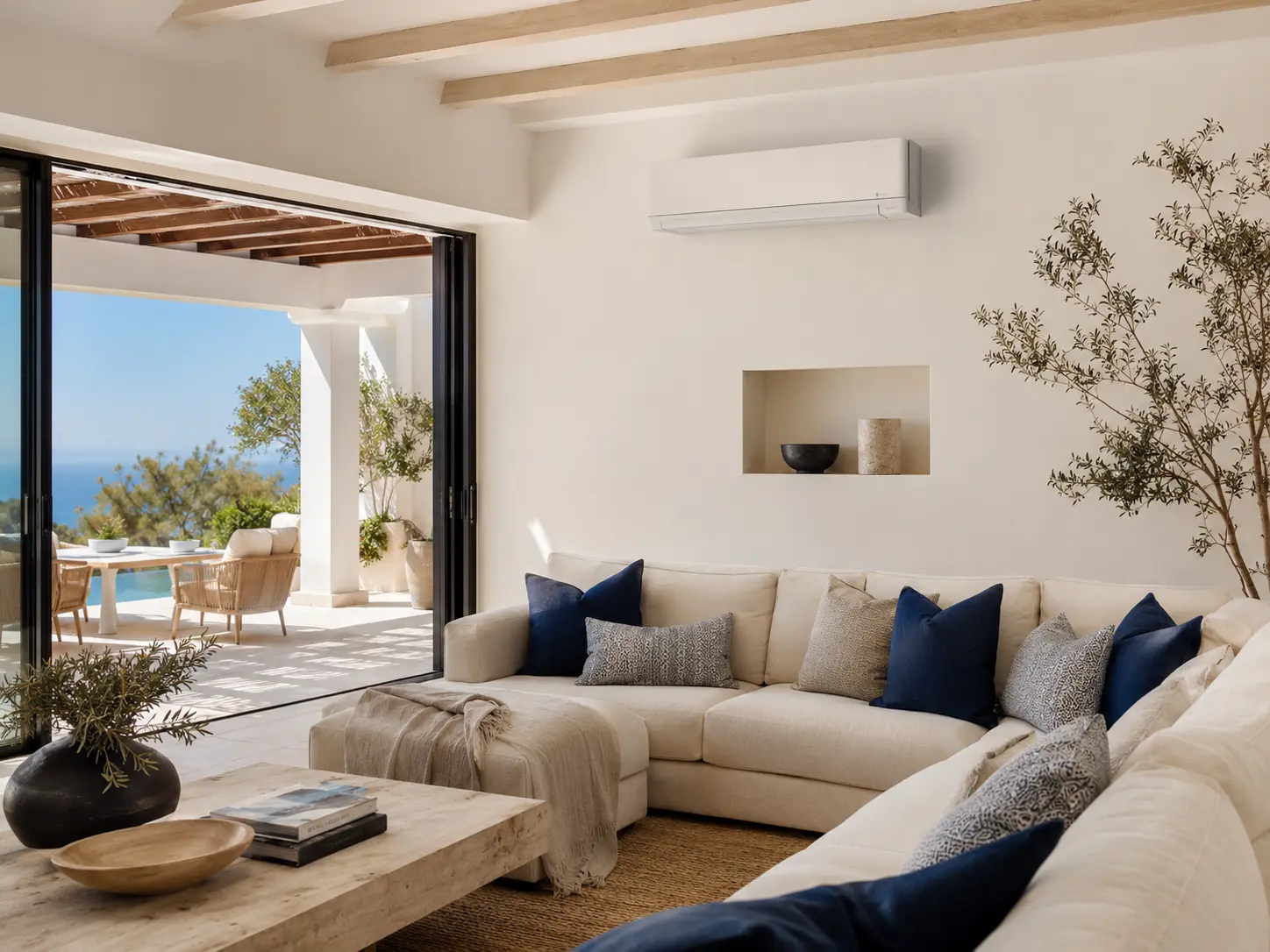 Low-energy wall-mounted air conditioning in a bright Mediterranean villa interior