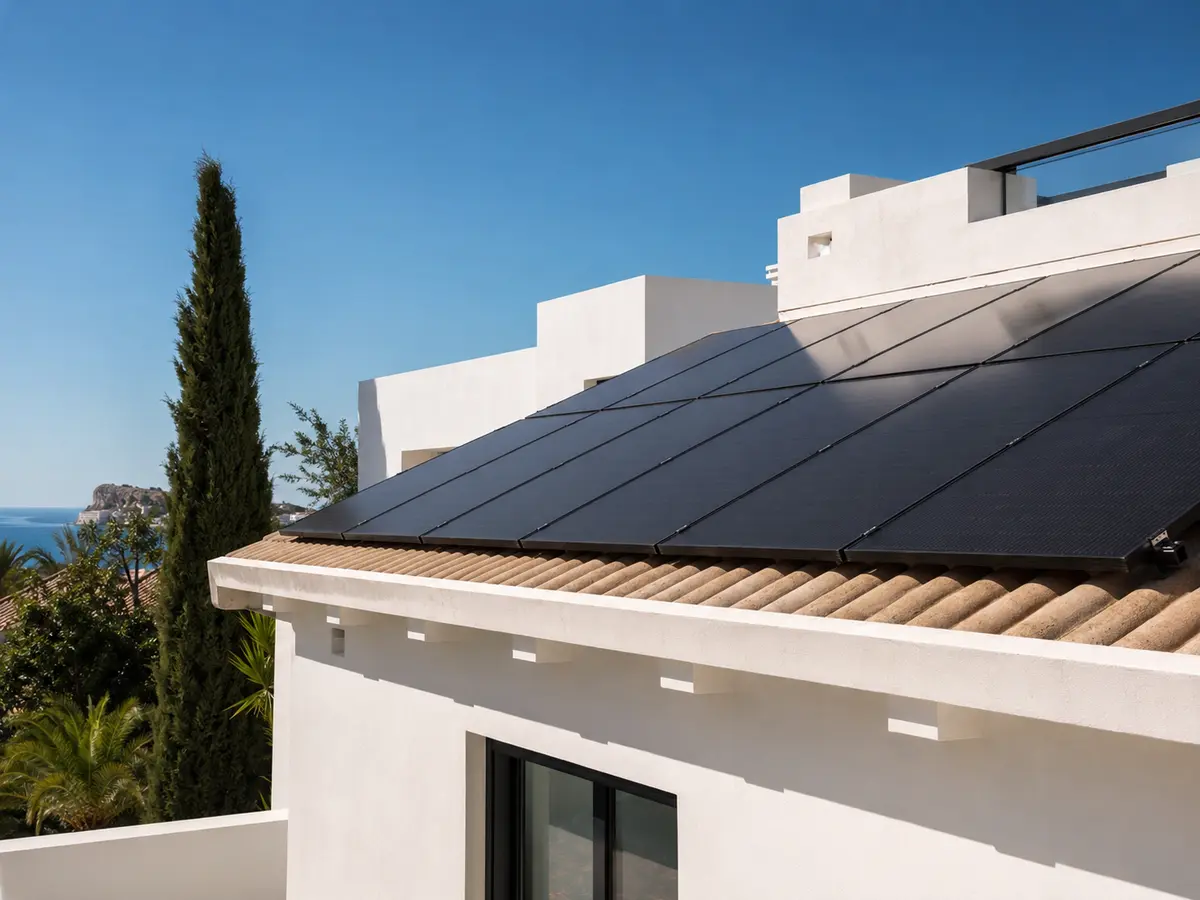 Black solar panels installed on a tiled Jávea villa roof